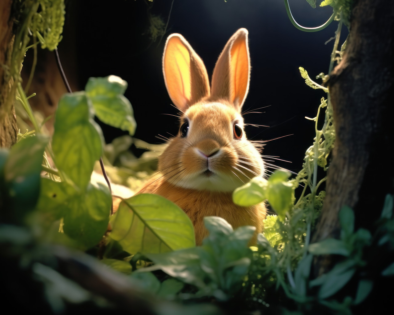 Cute bunny surrounded by plants in a mysterious dark setting, animal photography pics