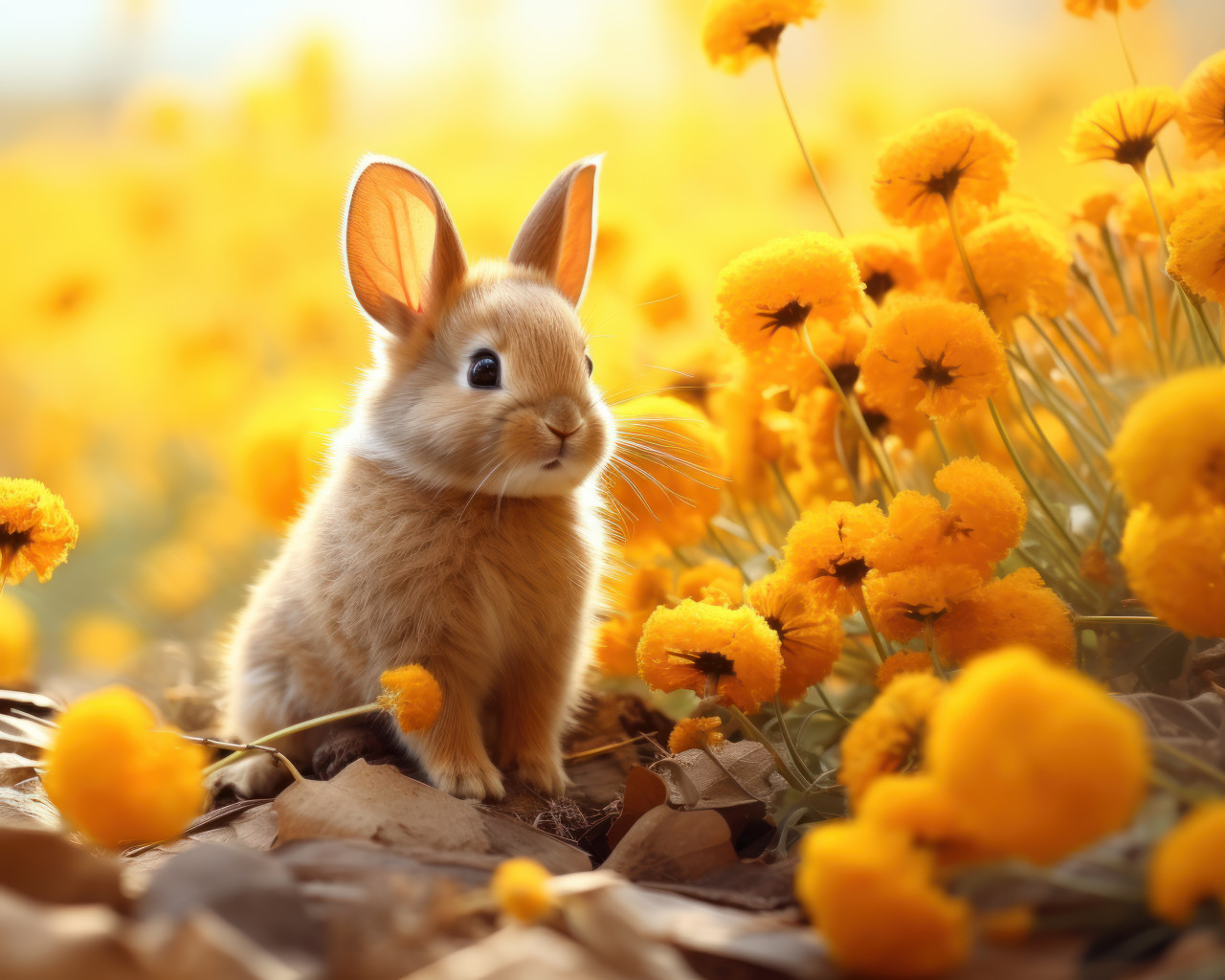 Adorable bunny exploring a vibrant flower field, pet photo