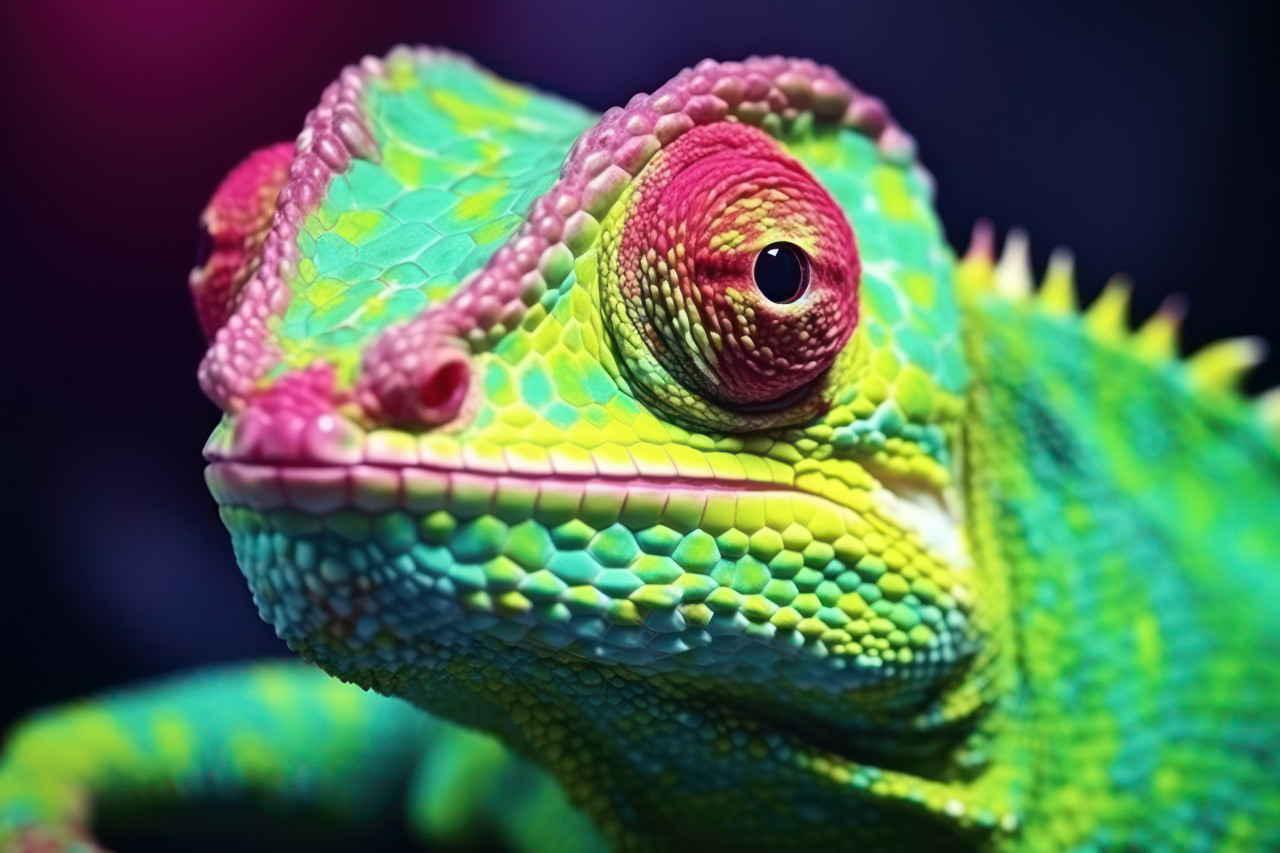 A close up view of a green chameleon revealing its vivid hues and distinctive patterns in its environment, cute domestic pet image