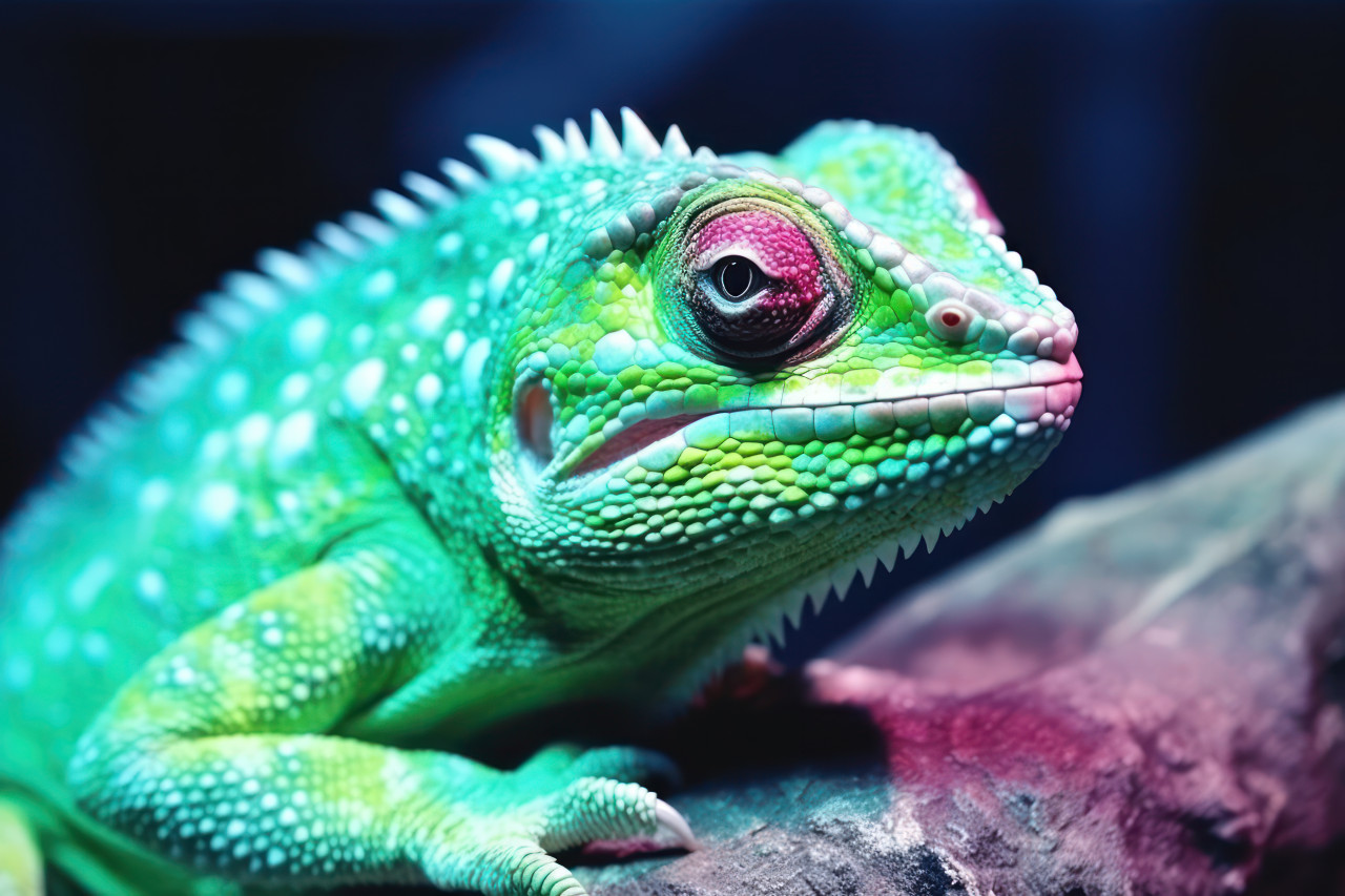 Detailed view of a green chameleon highlighting its vivid coloration and distinctive texture in its natural environment, pet photo