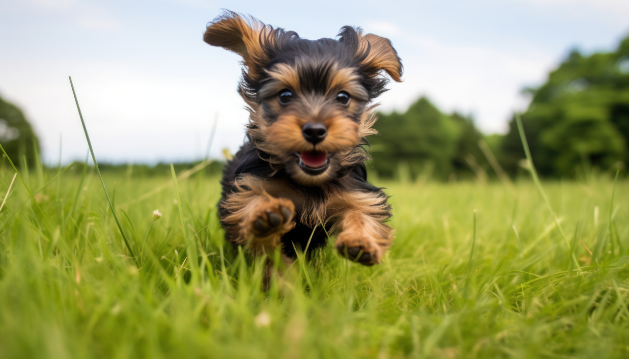 Small black tan puppy joyfully runs through the green grass, pet photo