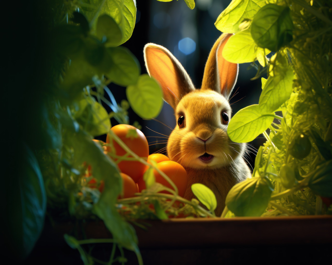 Adorable rabbit amidst foliage in a low light setting, pet photography