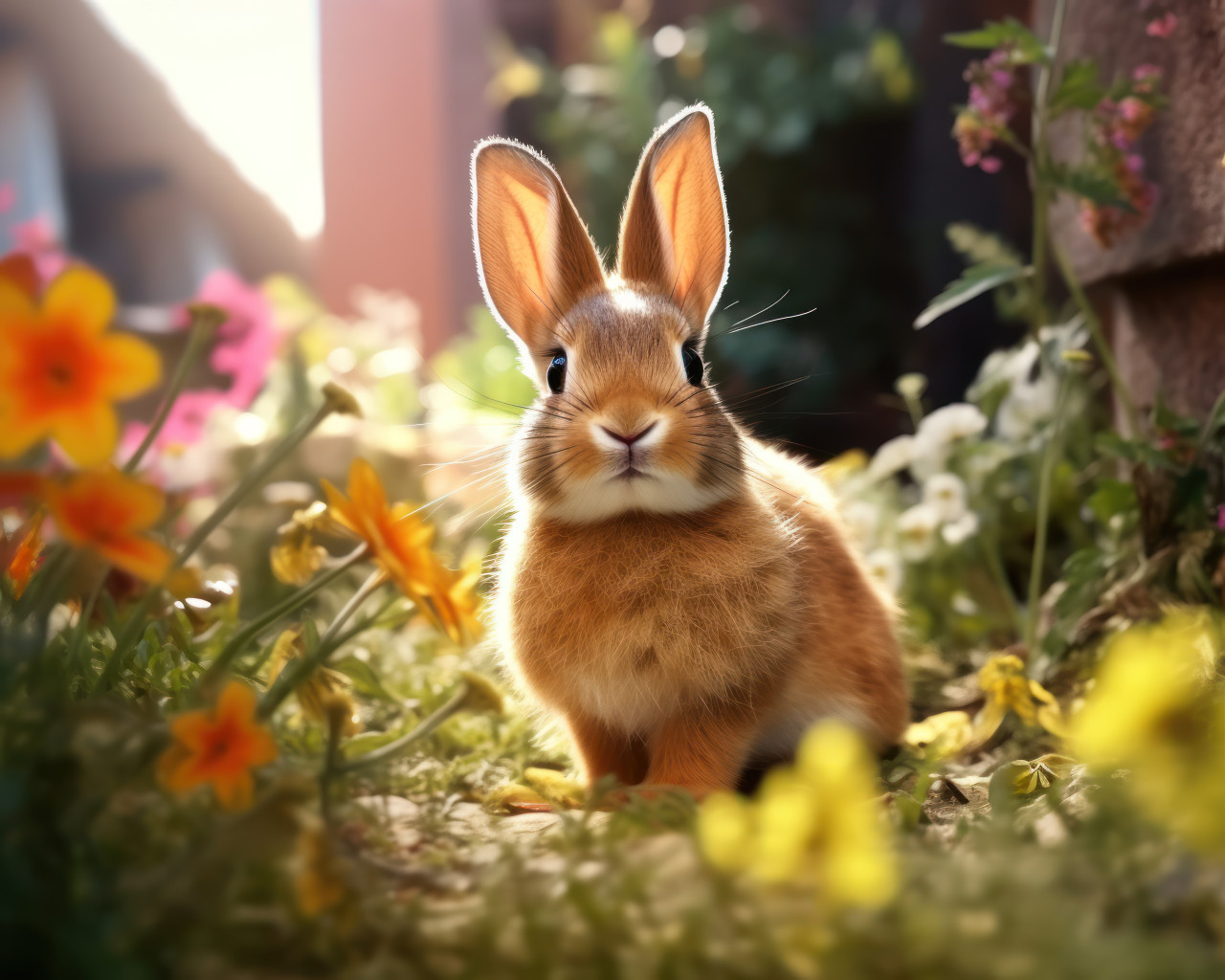 Playful rabbit hides behind flower bed peeking with curiosity in garden scene, animal photography pics