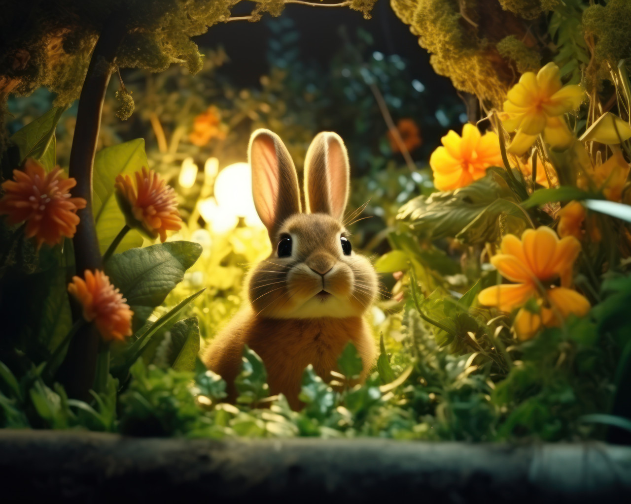 Cute bunny surrounded by plants in a dimly lit environment, cute domestic pet image