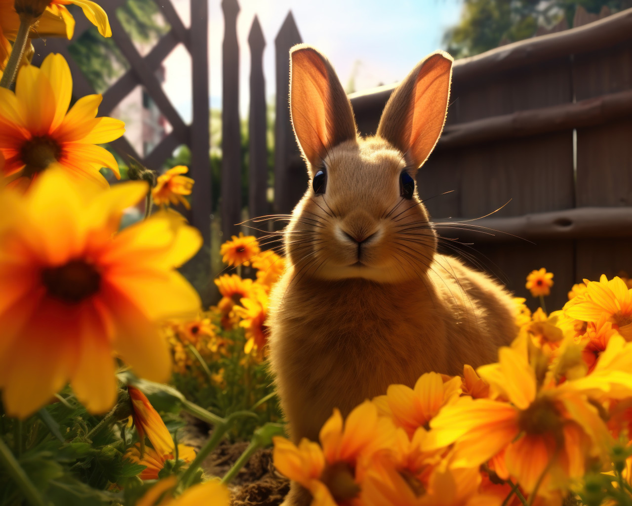 Cute bunny explores behind a  flower bed adding charm to the garden view, pet photo