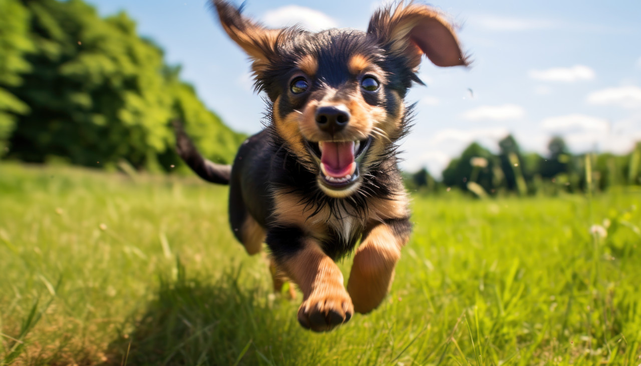 Playful small puppy with black and tan fur running happily in the green outdoors, cute domestic pet image