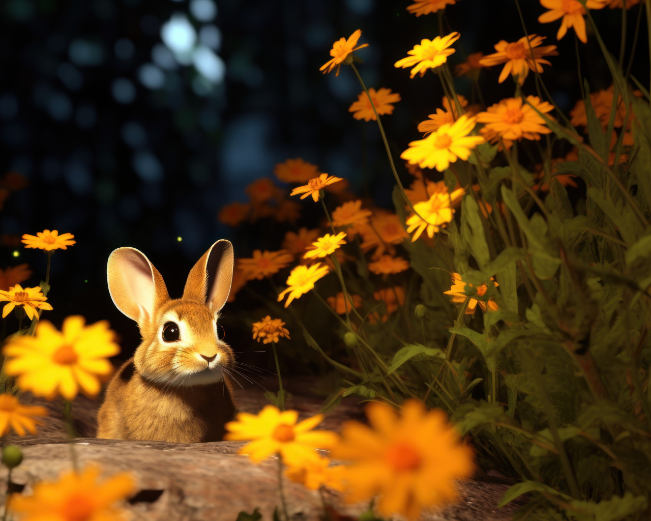 Cute bunny peeking from behind flowers in a delightful garden setting, pet photography