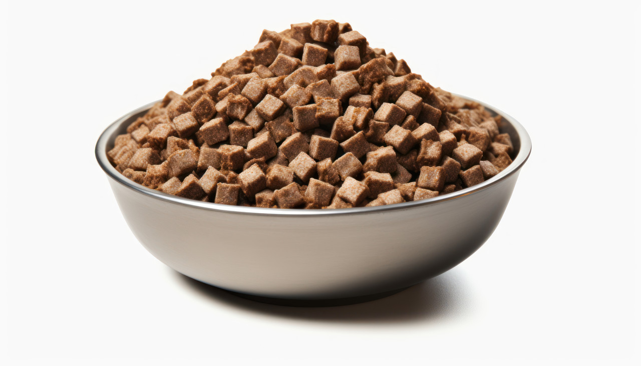 Delicious dog food in a stainless steel bowl on white background, pet photography