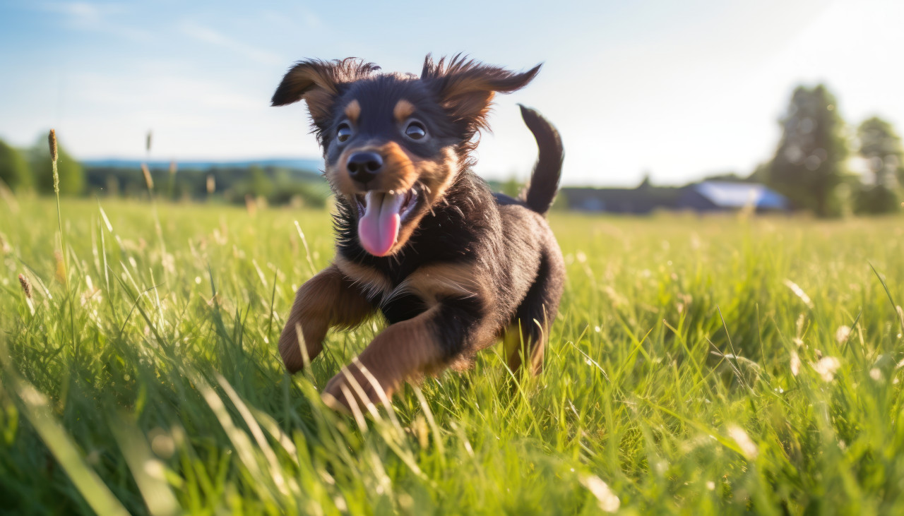 Energetic puppy joyfully running across a green field of grass, animal photography pics
