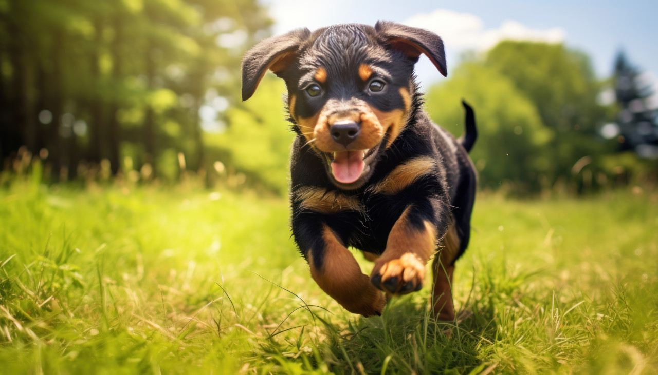 Cute rottweiler pup having fun running happily in the lush green grass, pet photo