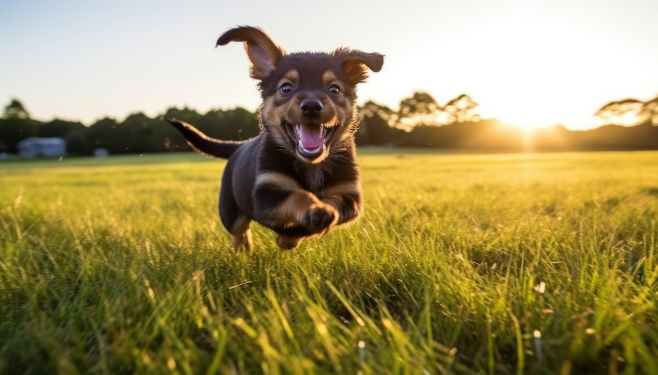 Playful puppy sprinting happily through a meadow of fresh green grass, pet photo