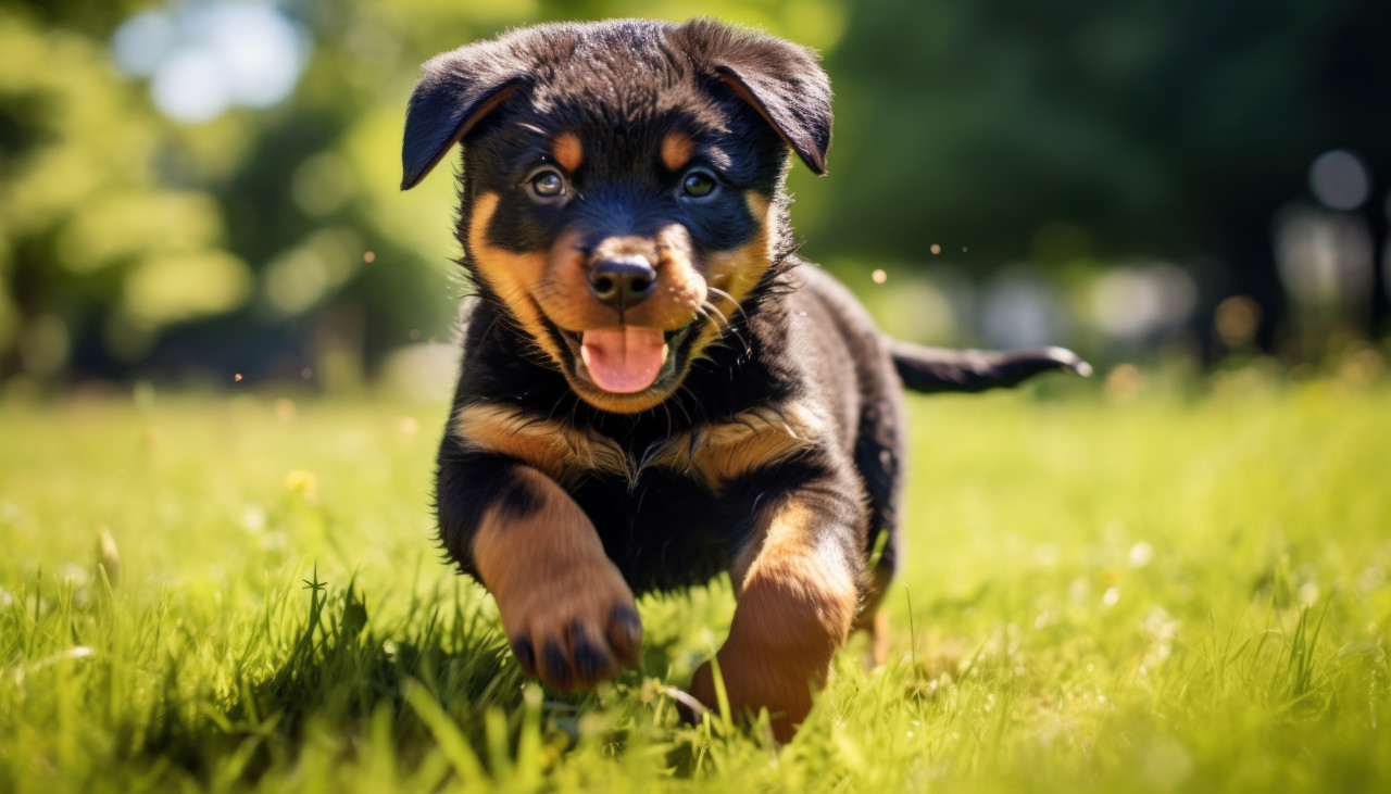 Playful rottweiler puppy joyfully running in the green grass, animal photography pics