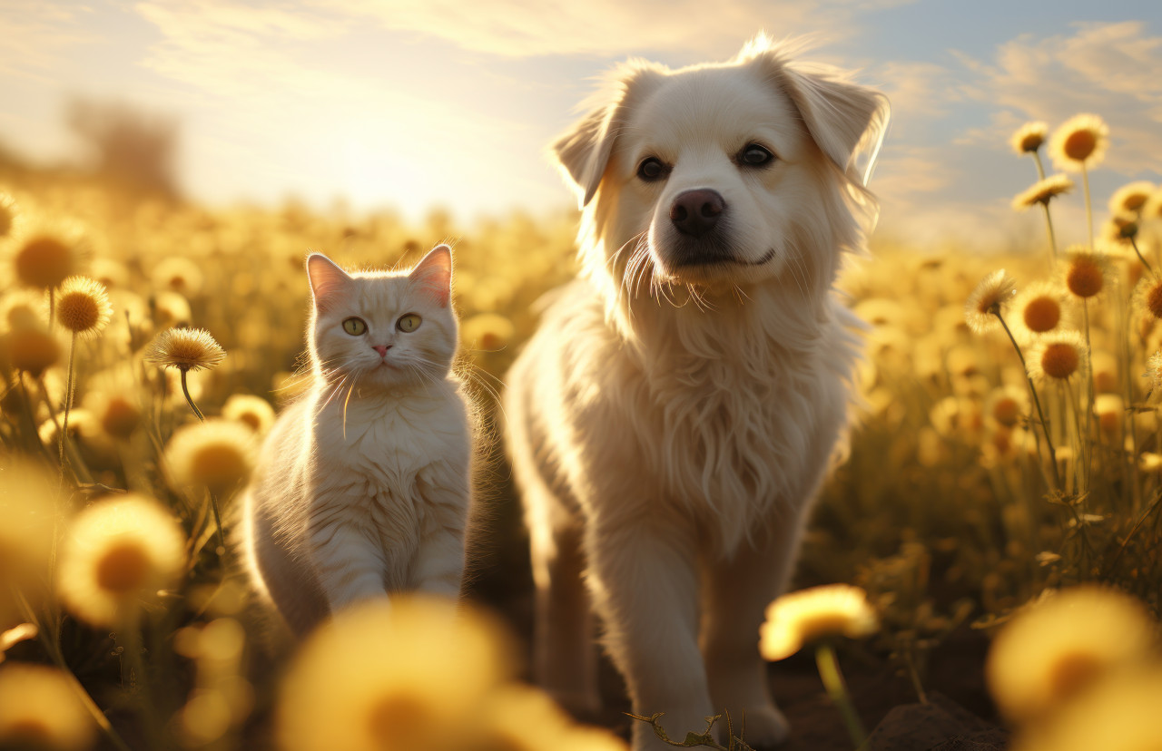 A dog and a cat strolling side by side in a beautiful field of flowers, cute domestic pet image