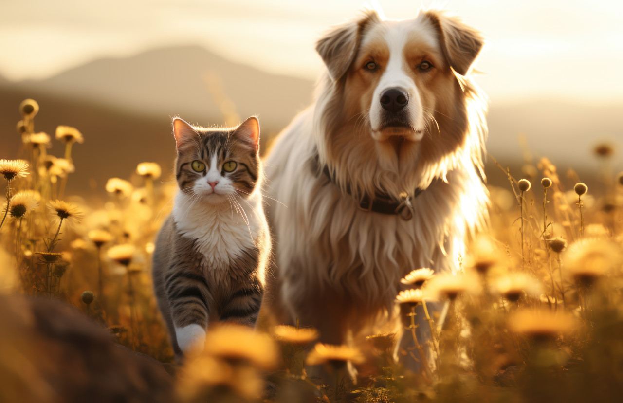 A dog and cat strolling together in a flower filled field, pet photo