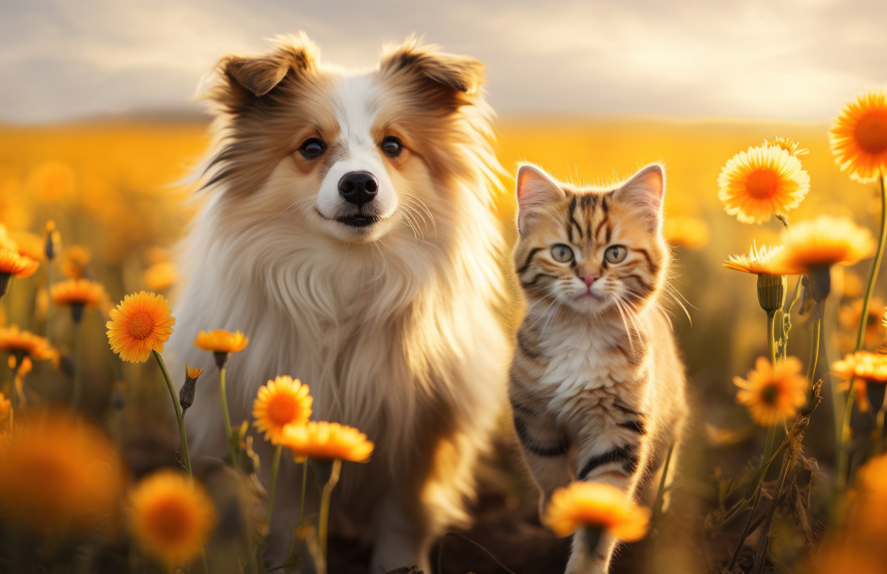 A dog and cat happily wander through a field of flowers, pet photography