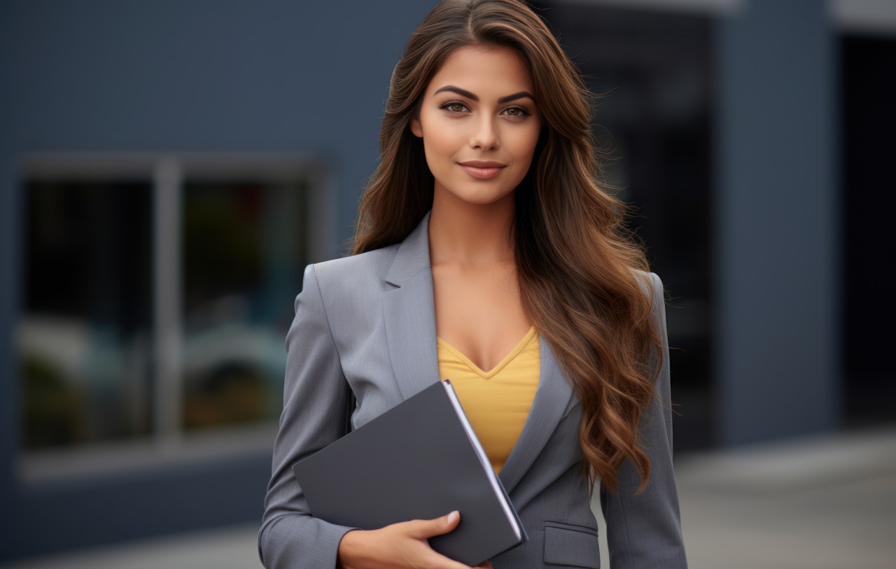 Young female businesswoman holding folder against grey background, hiring image for job postings