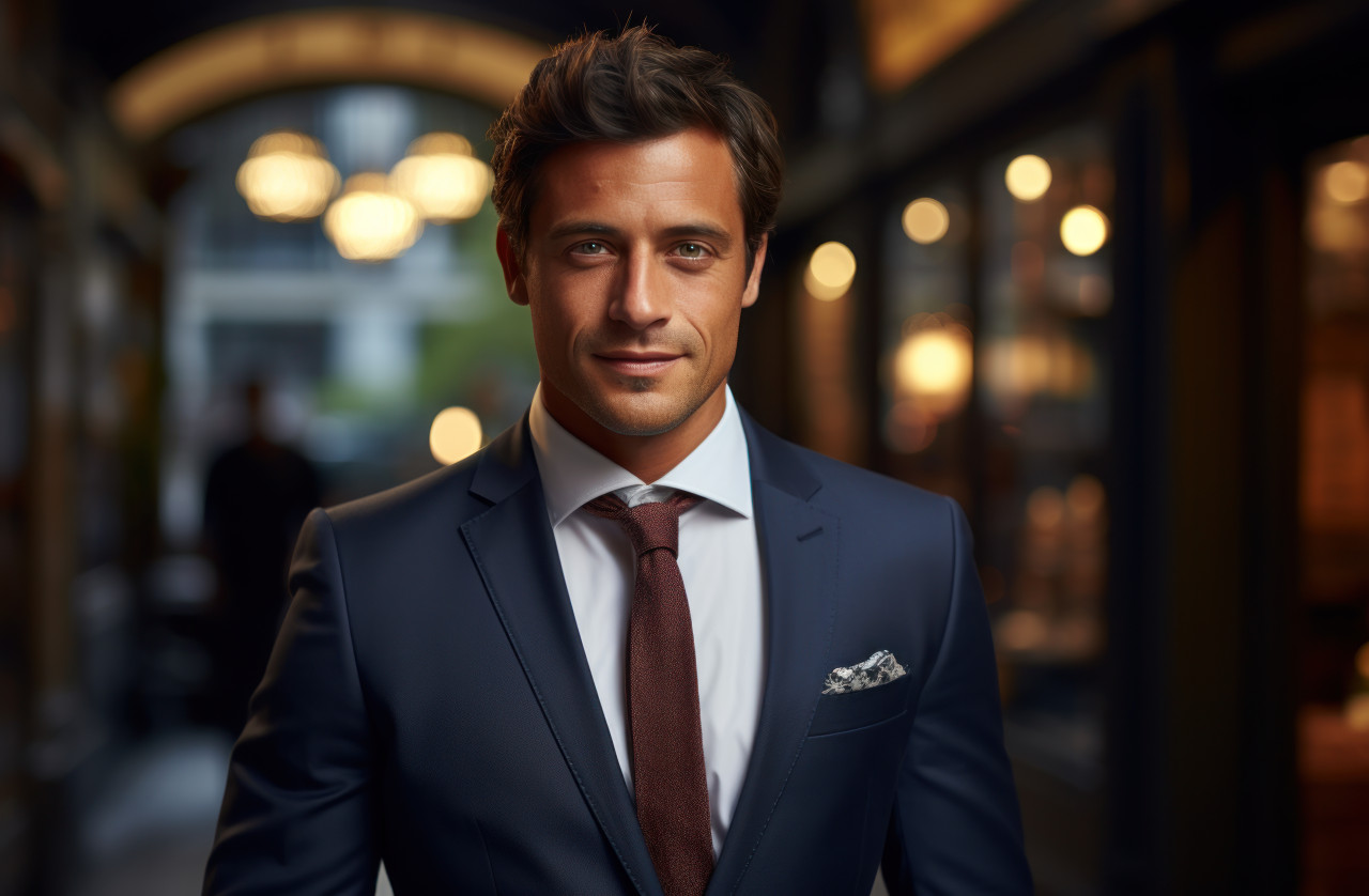 A businessman wearing professional attire with smile, hiring image for job postings