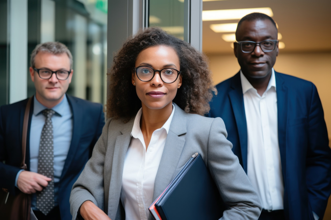 Woman in glasses holds file near office and other peoples, professional job interview attire image