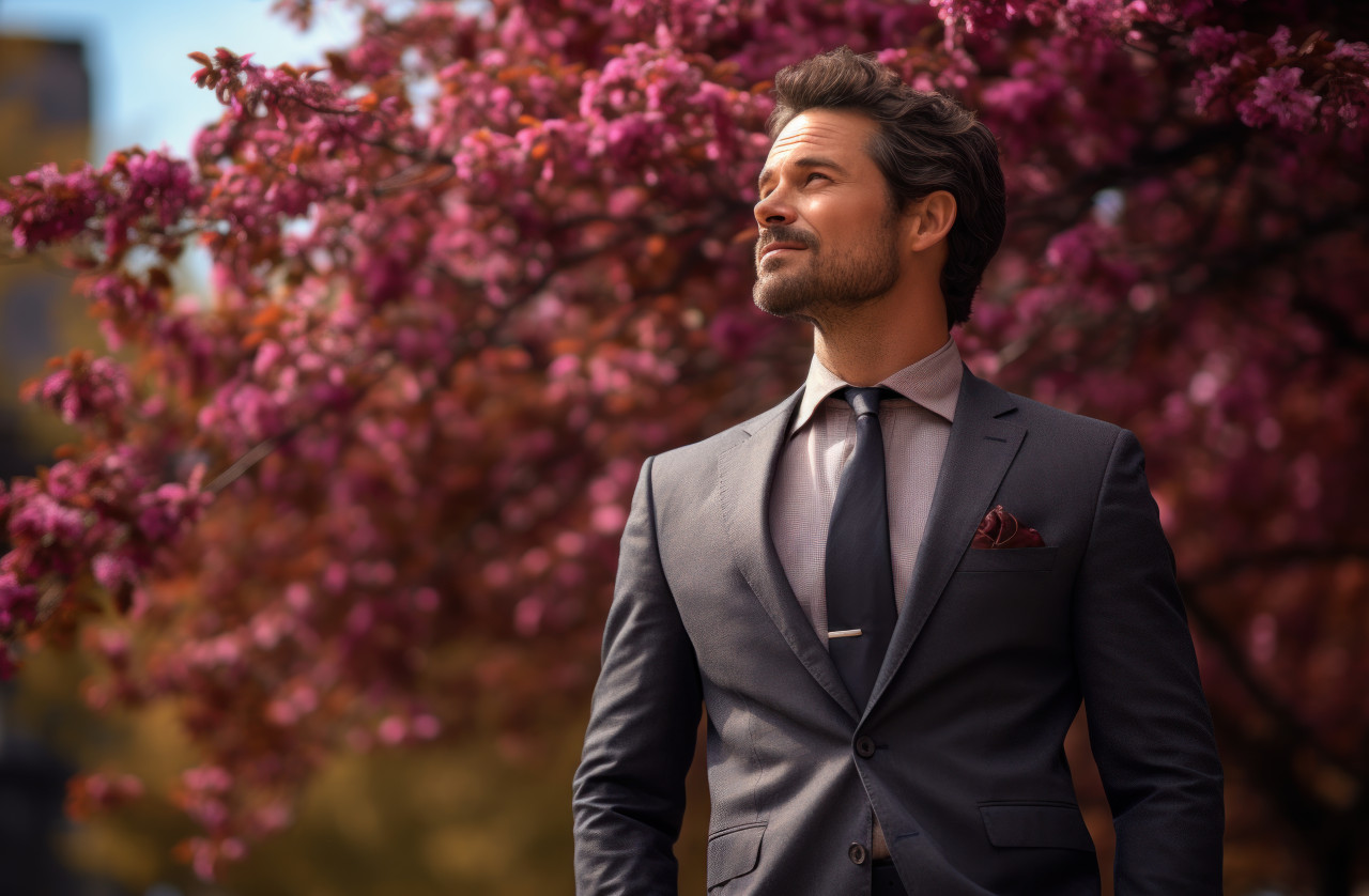 Handsome businessman in suit outdoors, professional job interview attire image