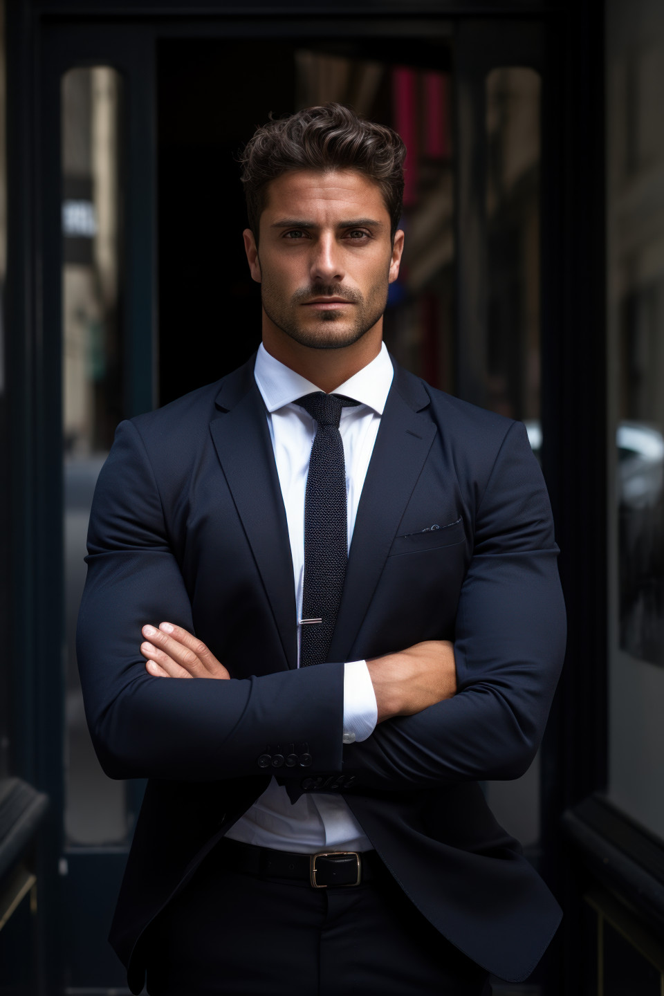 A confident young businessman arms crossed in front of a modern building, professional job interview attire image