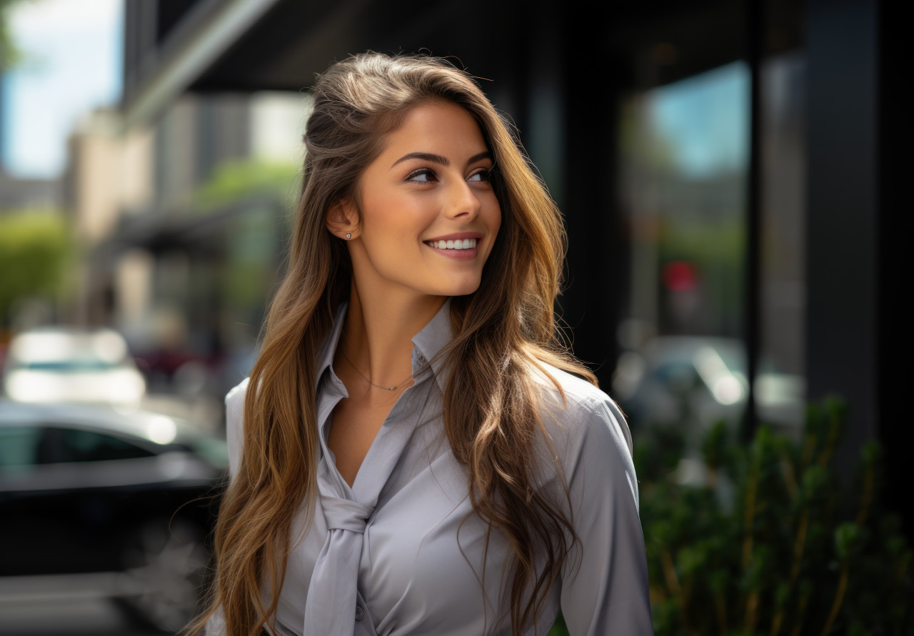 A smiling young businesswoman outside an office, hiring image for job postings
