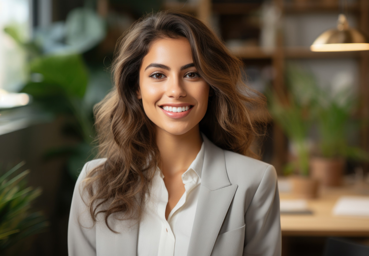 Smiling businesswoman in office photo, professional job interview attire image