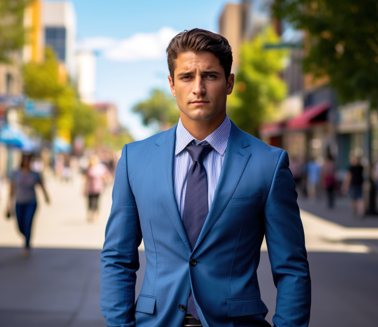 Young handsome businessman in blue suit standing in city, hiring image for startups