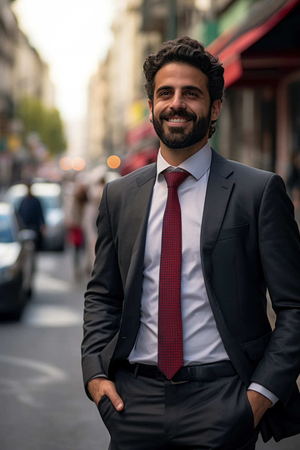 A smiling businessman in a suit stands confidently in the city, hiring image for startups