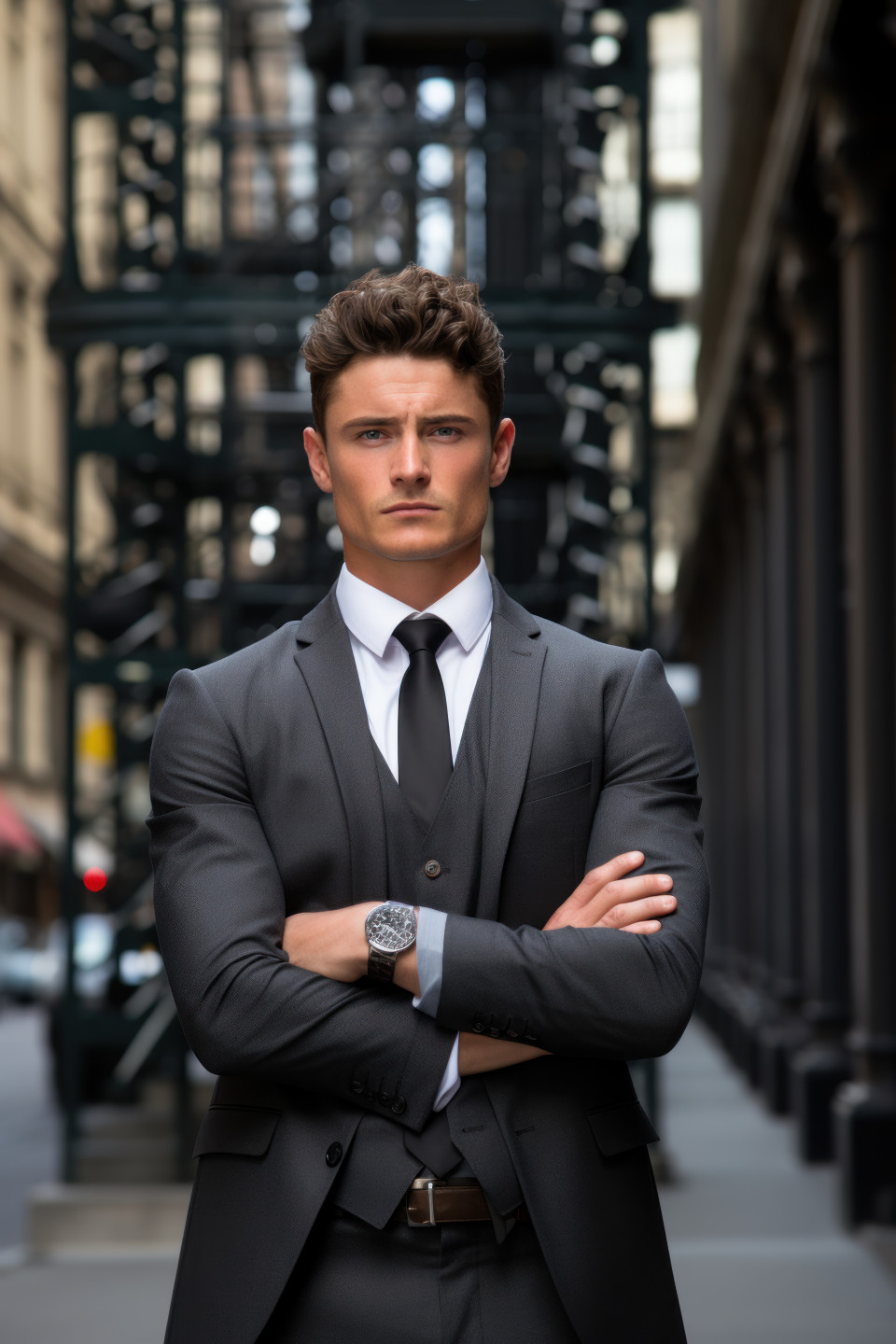 Businessman with crossed arms poses by a office building, hiring image for job postings