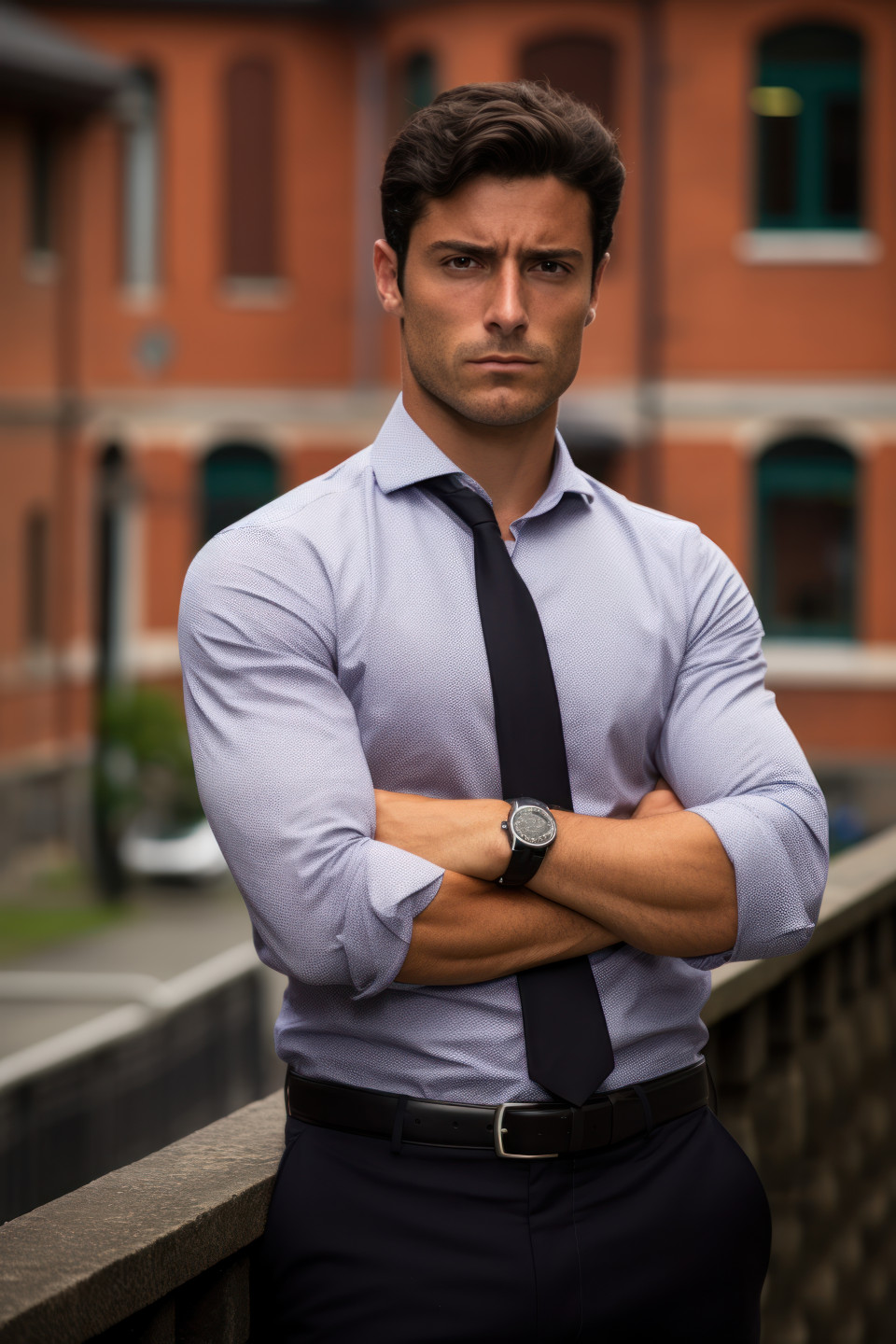 Young businessman stands arms crossed outside building, professional job interview attire image