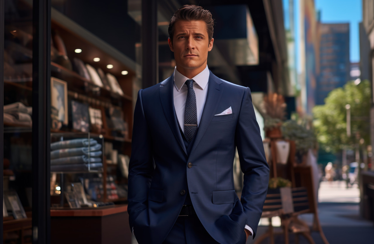 A businessman in a suit standing by his office, professional job interview attire image