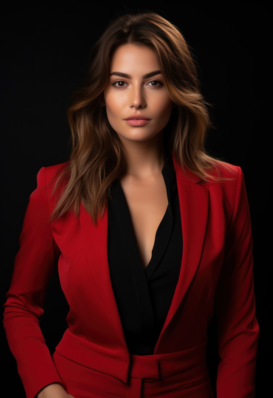 A stylish businesswoman in a black and red attire against a dark backdrop, professional job interview attire image