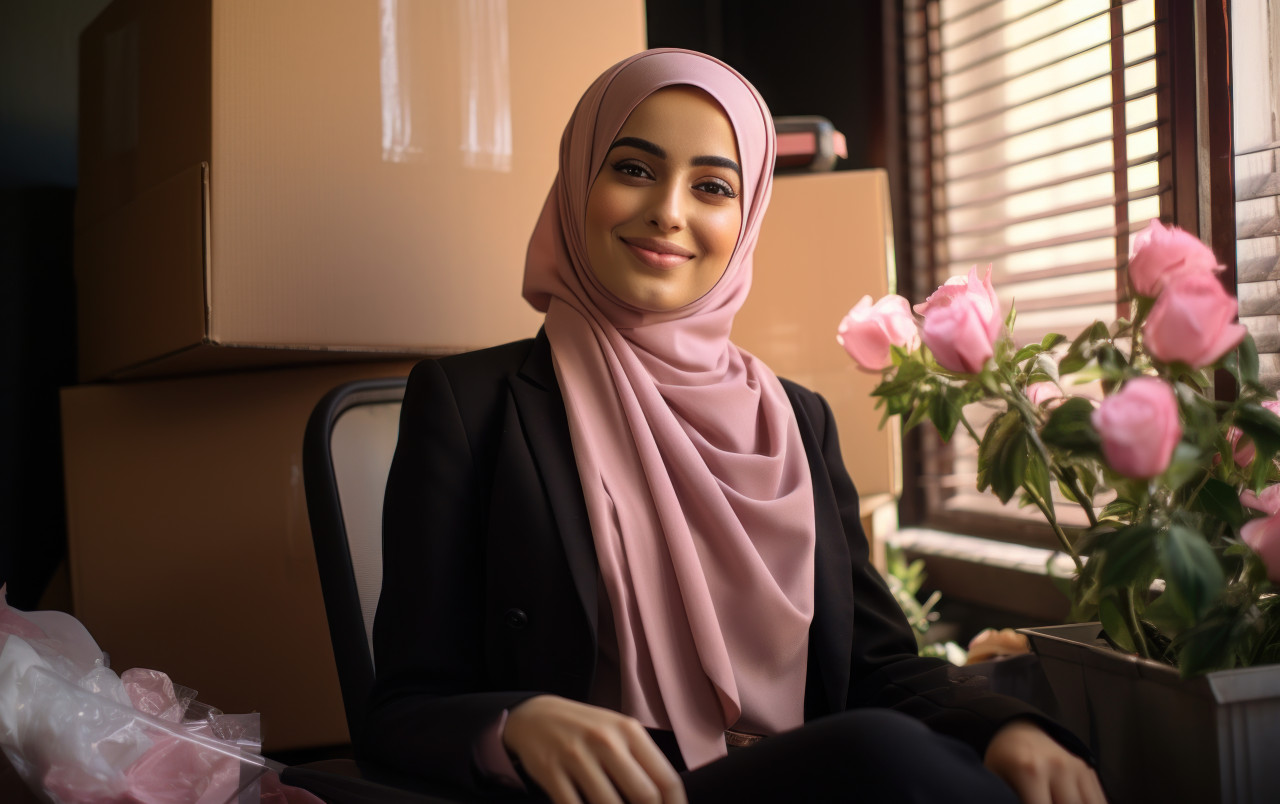 Office photo of a smiling muslim businesswoman, hiring image for startups