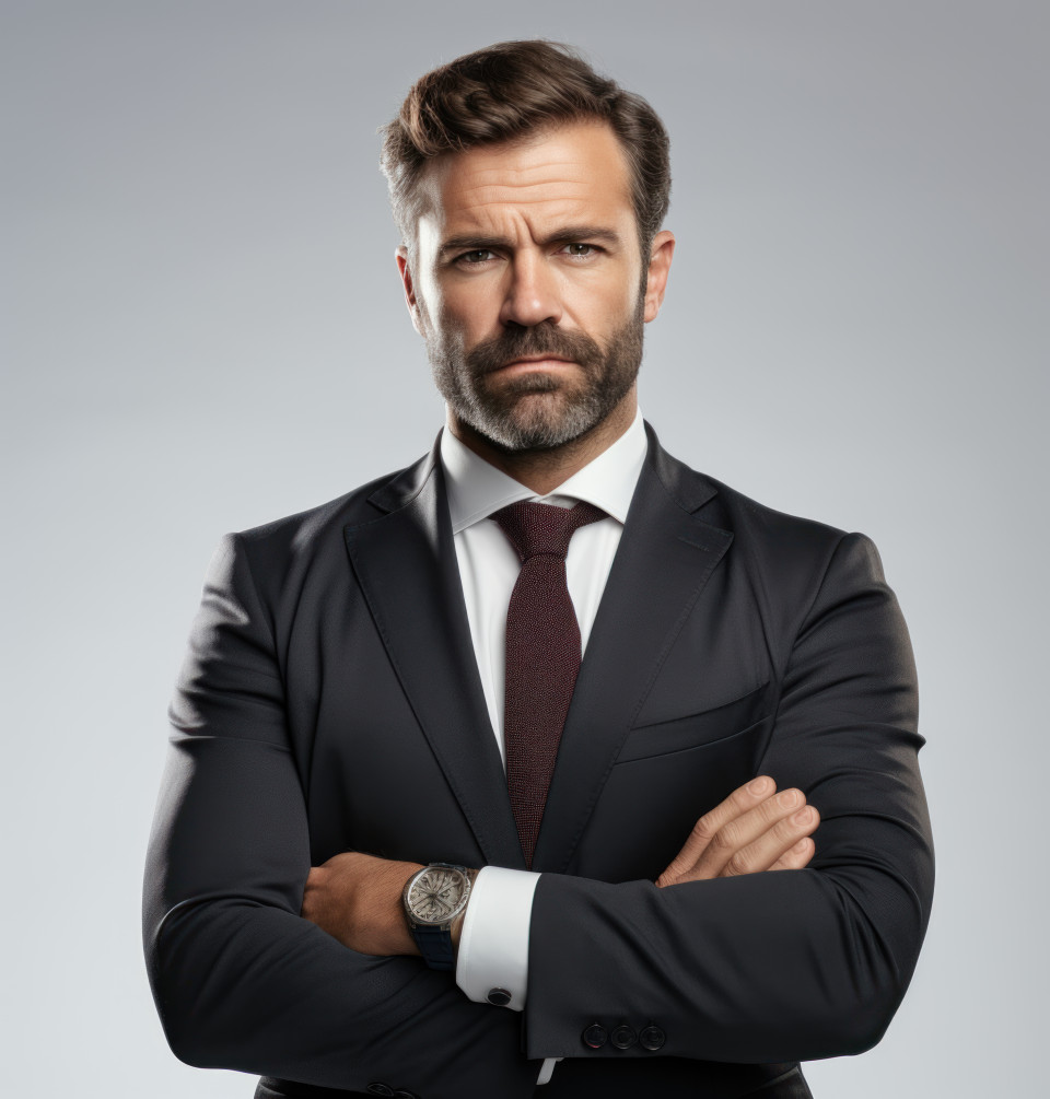 A man in a business suit with folded arms on a white background, hiring image for startups