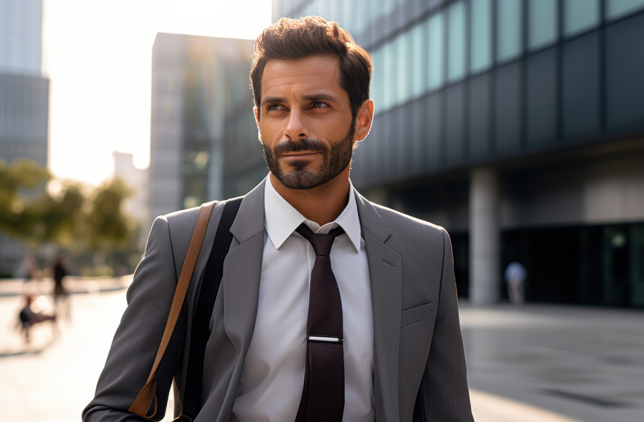 A businessman standing outside an office building, hiring image for startups