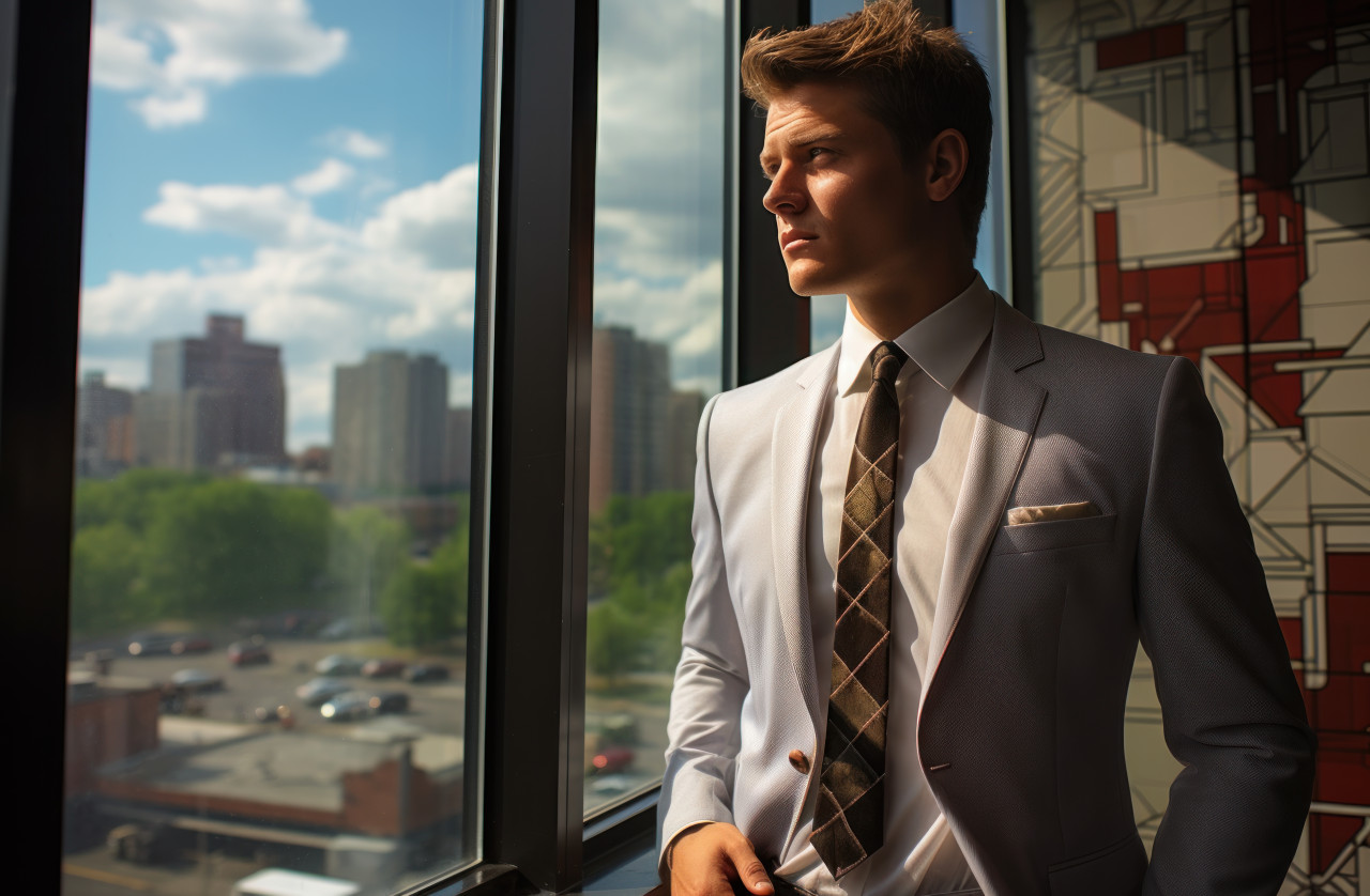 Suited businessman by office window, hiring image for startups
