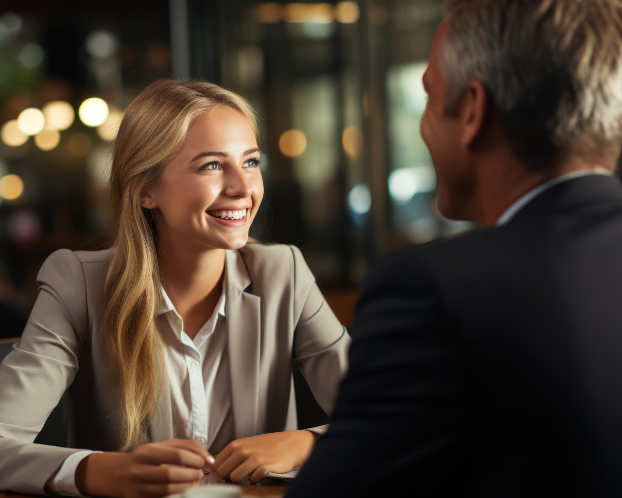Meeting job candidate with confident young woman, hiring image for startups