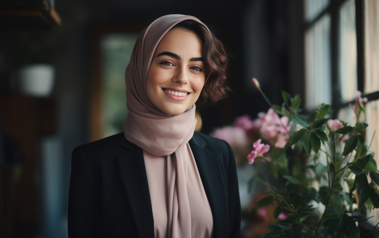 A confident smiling muslim businesswoman stands in the office, hiring image for job postings