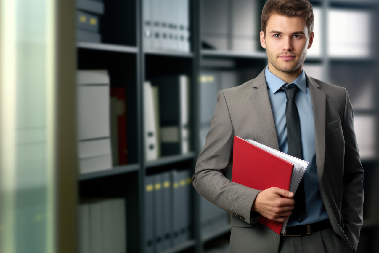 A businessman stands in an office holding a folder, hiring image for job postings