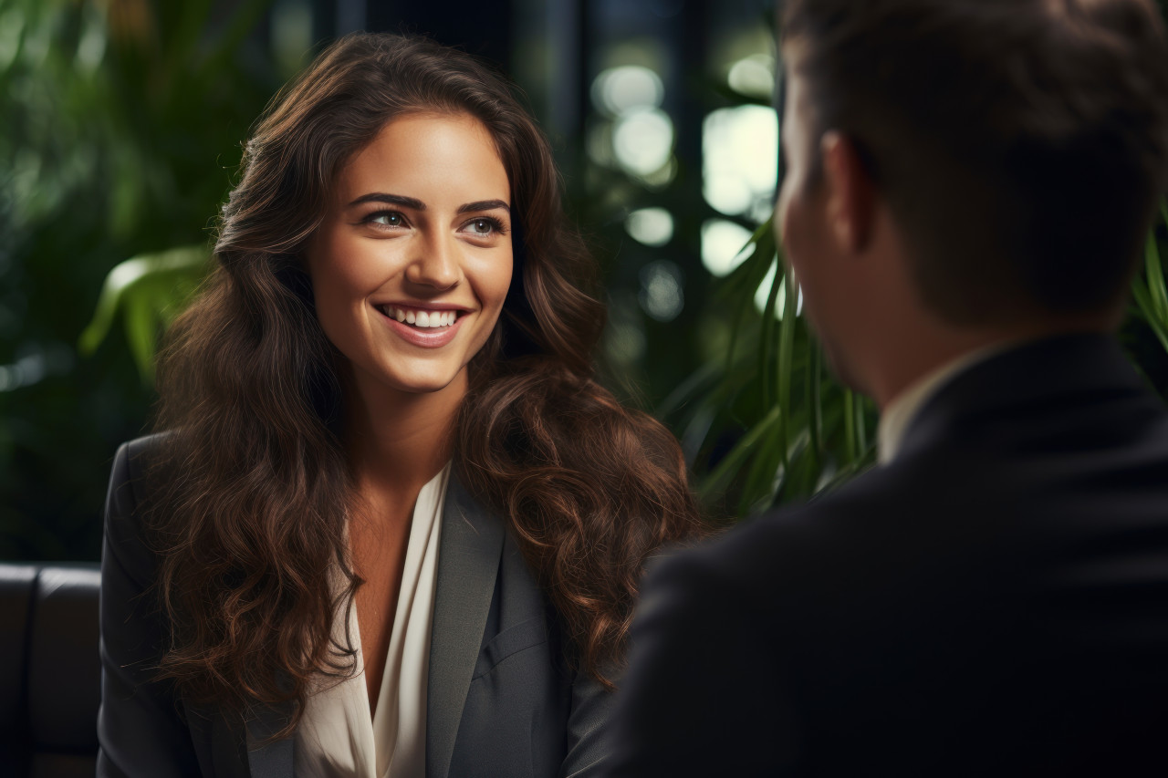 A cheerful businesswoman interview with a businessman at the office, professional job interview attire image