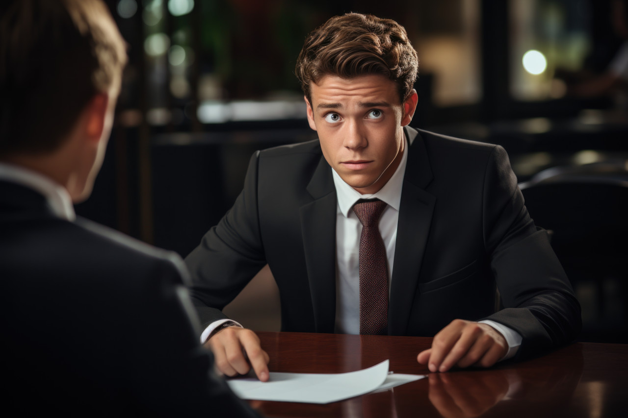 Young man in job interview confident and focused, hiring image for startups