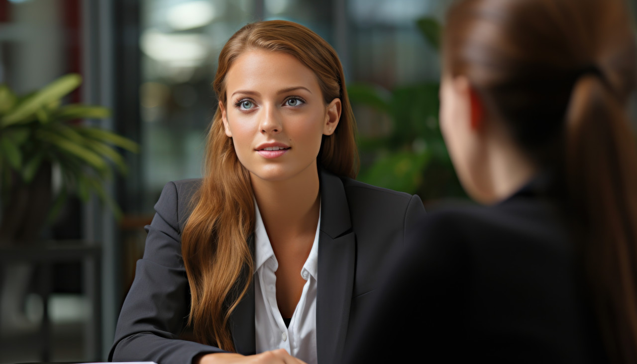 Office interview with young businesswoman and applicant, hiring image for job postings