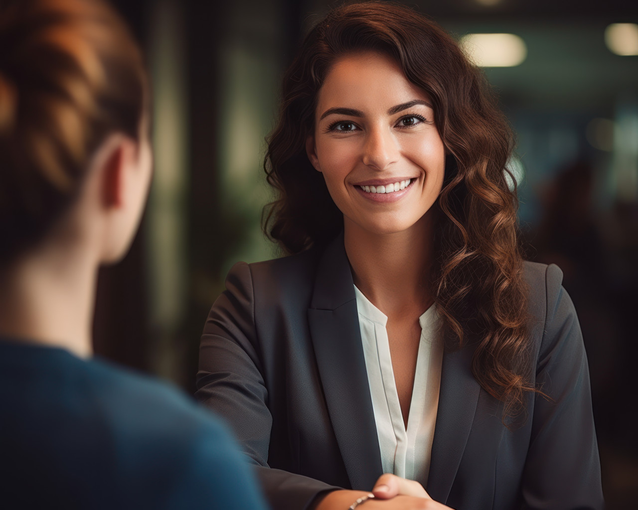 Happy mid aged businesswoman manager smile during office meeting interviewing female recruit for hr job, hiring image for job postings