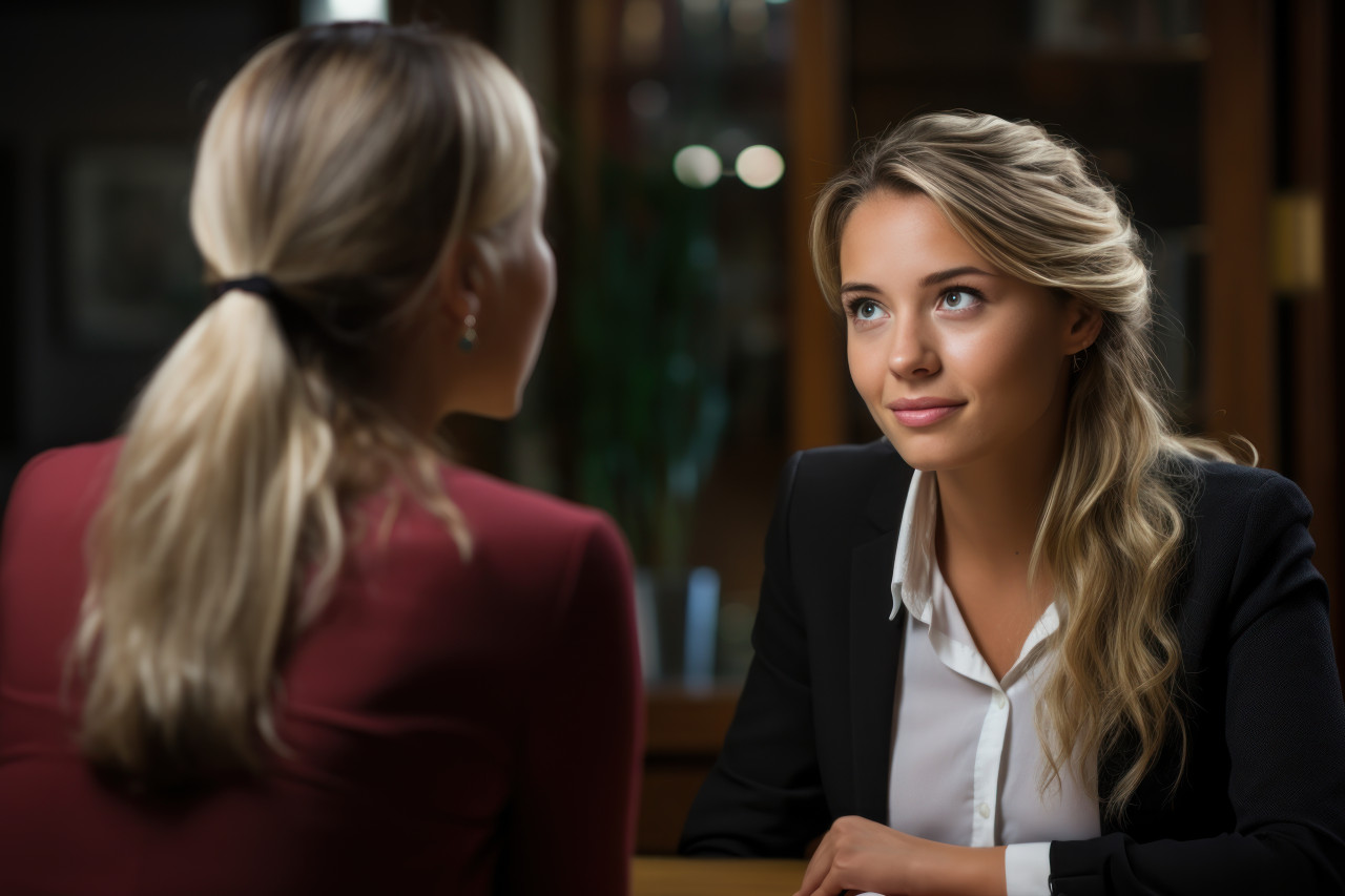 A young woman in job interview with hr manager discussing opportunity, professional job interview attire image