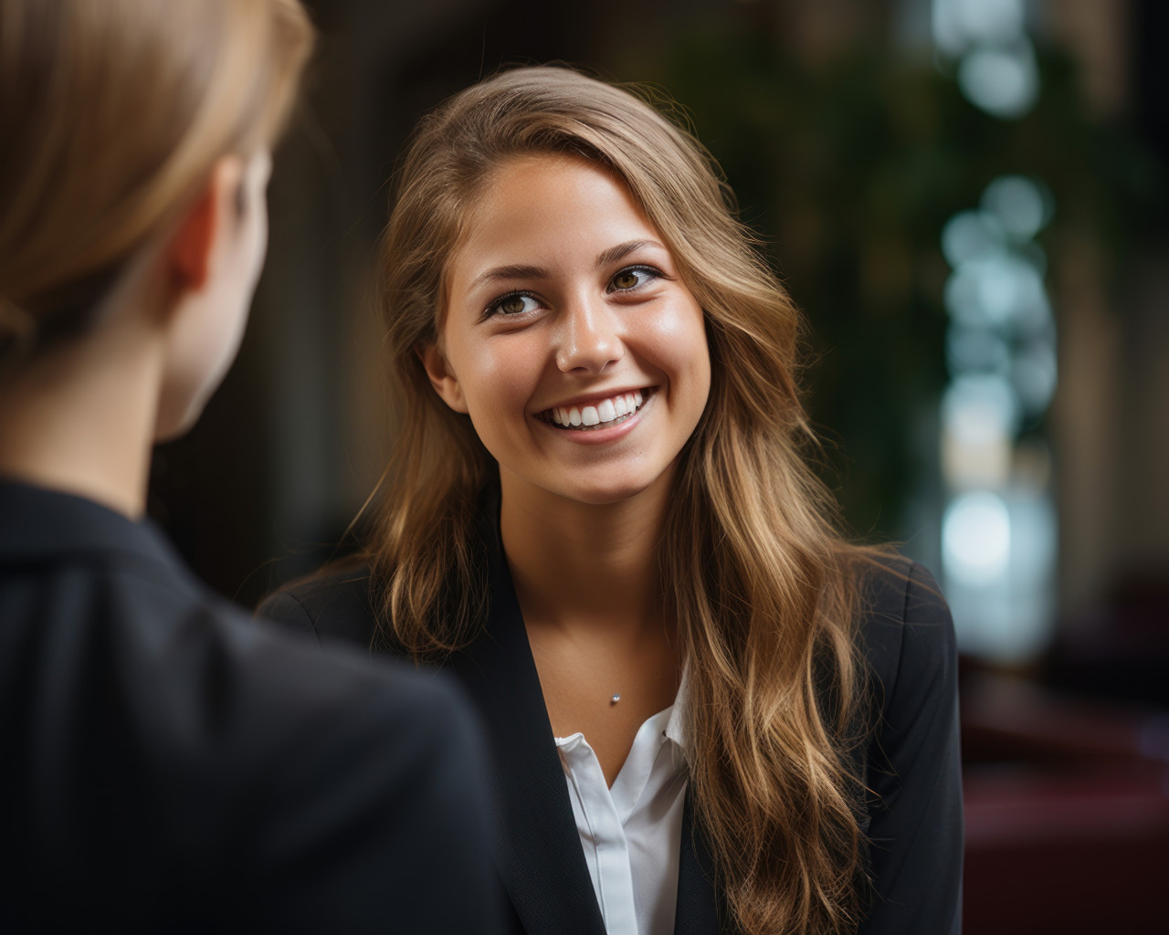 A photo capturing a cheerful female manager conducting interviews for new applicants in an office setting, hiring image for job postings