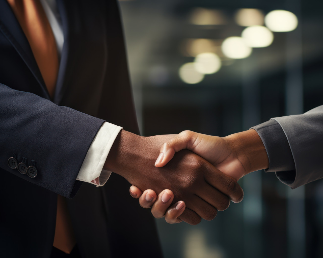 Businessman and woman close deal with handshake in office, hiring image for startups