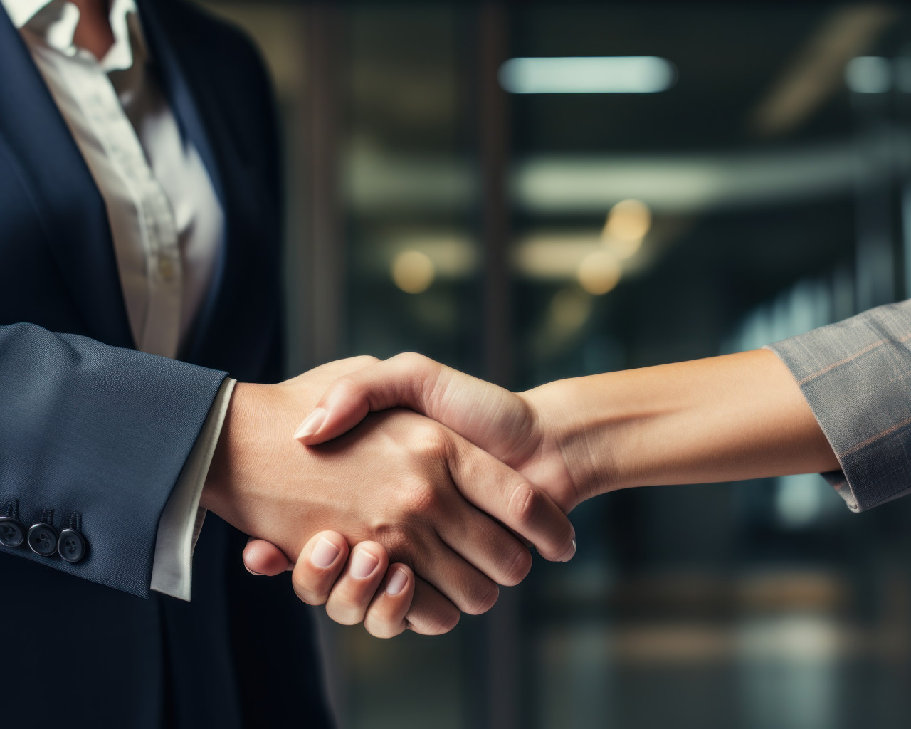 A businessman and businesswoman shaking hands in modern office, professional job interview attire image