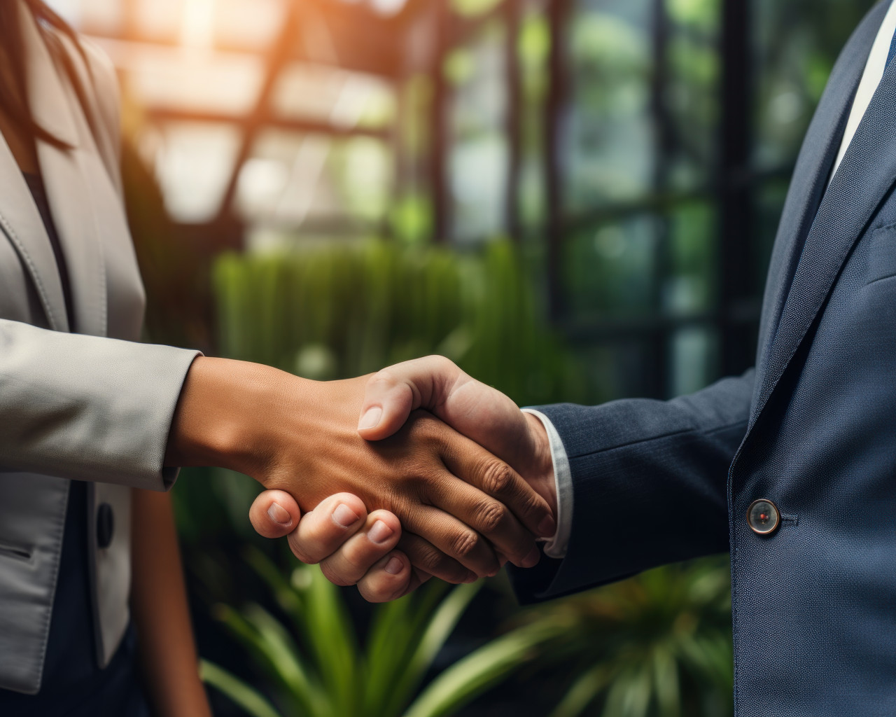 Close up of a man and woman in business attire shaking hands in an office setting, professional job interview attire image