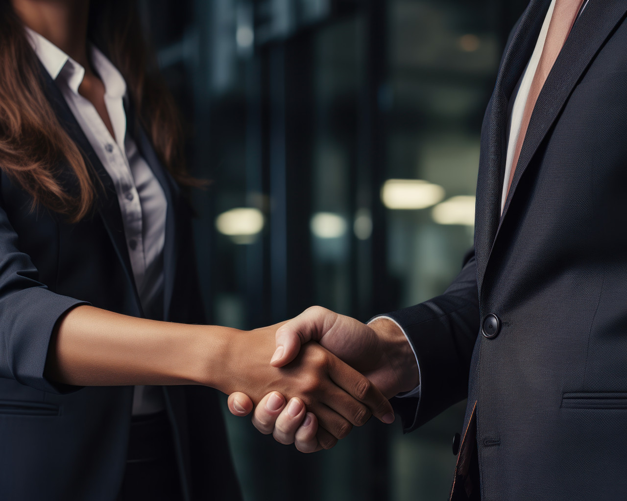 Businesswoman shakes hands with businessman in close up, hiring image for job postings