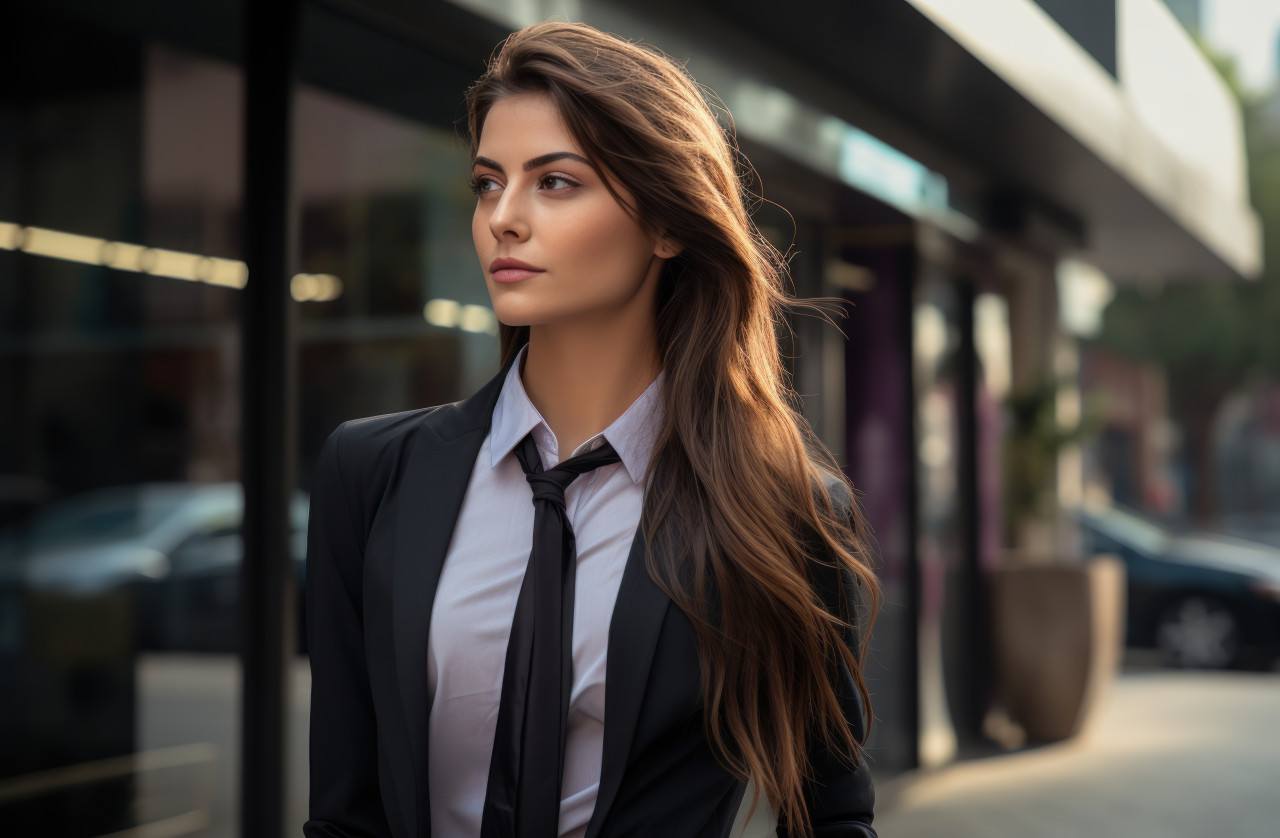 A young businesswoman exuding confidence as she stands in front of a building, hiring image for startups